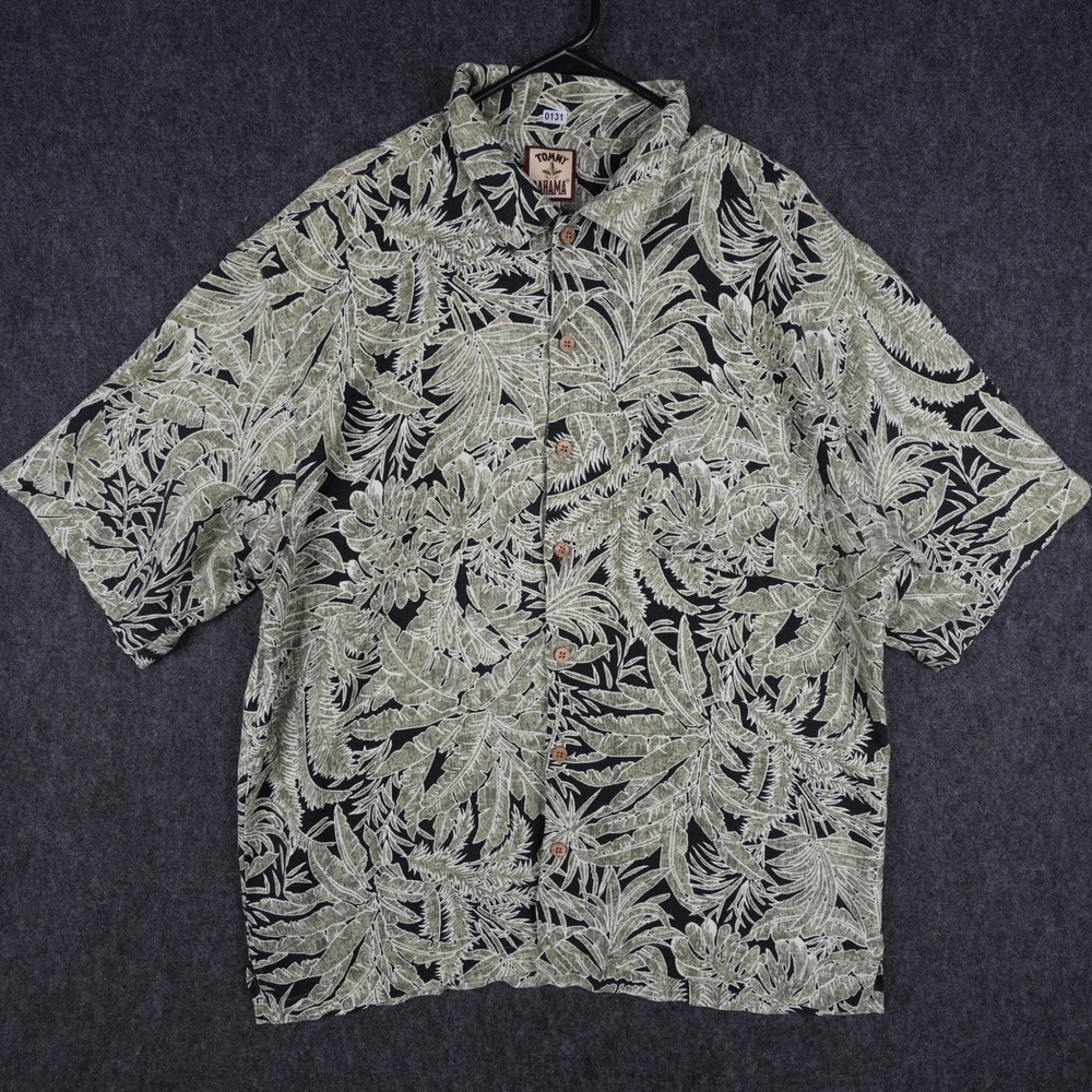 Vintage Tommy Bahama Silk Tropical Shirt Men XL Green Black Good Palm Leaf